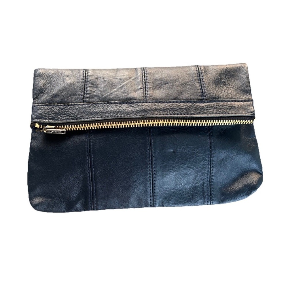 Vintage VKK Fold over Navy Blue Leather Clutch Zipper Closure Two Compartments